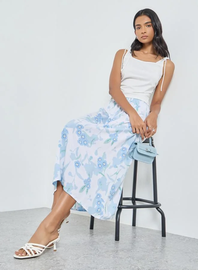 تايك تو Take Two Floral Printed Viscose A-Line Midi Skirt