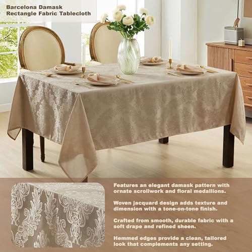 Newbridge Barcelona Luxury Damask Fabric Tablecloth, 60” Wide x 84” Rectangle, Golden Beige, 100% Polyester, No Iron, Soil Resistant Dining Room, Party and Banquet Table Cover - Image 2