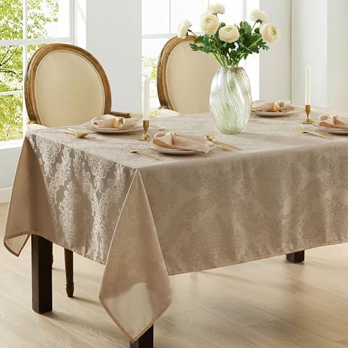 Newbridge Barcelona Luxury Damask Fabric Tablecloth, 60” Wide x 84” Rectangle, Golden Beige, 100% Polyester, No Iron, Soil Resistant Dining Room, Party and Banquet Table Cover - Image 5