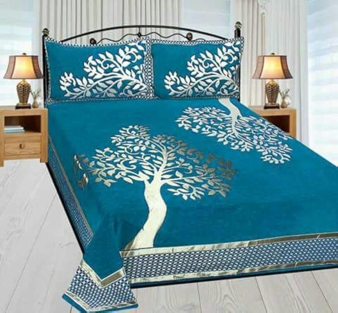 CHENILLE VELVET FLORAL 500 TC HEAVY BEDSHEET FOR DOUBLE BED KING SIZE 90 X 100 INCH AQUA COLOR WITH 2 PILLOW COVERS