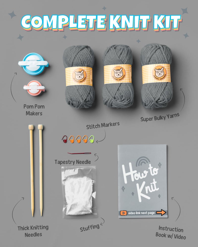 Granny Squirrel Complete Knitting Kit for Beginners - Learn to Knit Kit with Knitting Accessories Like Thick Beginner Yarn in Gray, Bamboo Needles for Beginners & More - Includes Video Tutorials & Written Guide - Image 4