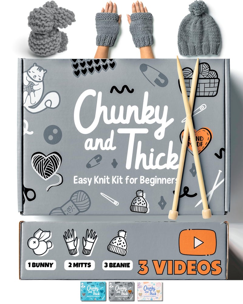 Granny Squirrel Complete Knitting Kit for Beginners - Learn to Knit Kit with Knitting Accessories Like Thick Beginner Yarn in Gray, Bamboo Needles for Beginners & More - Includes Video Tutorials & Written Guide - Image 1