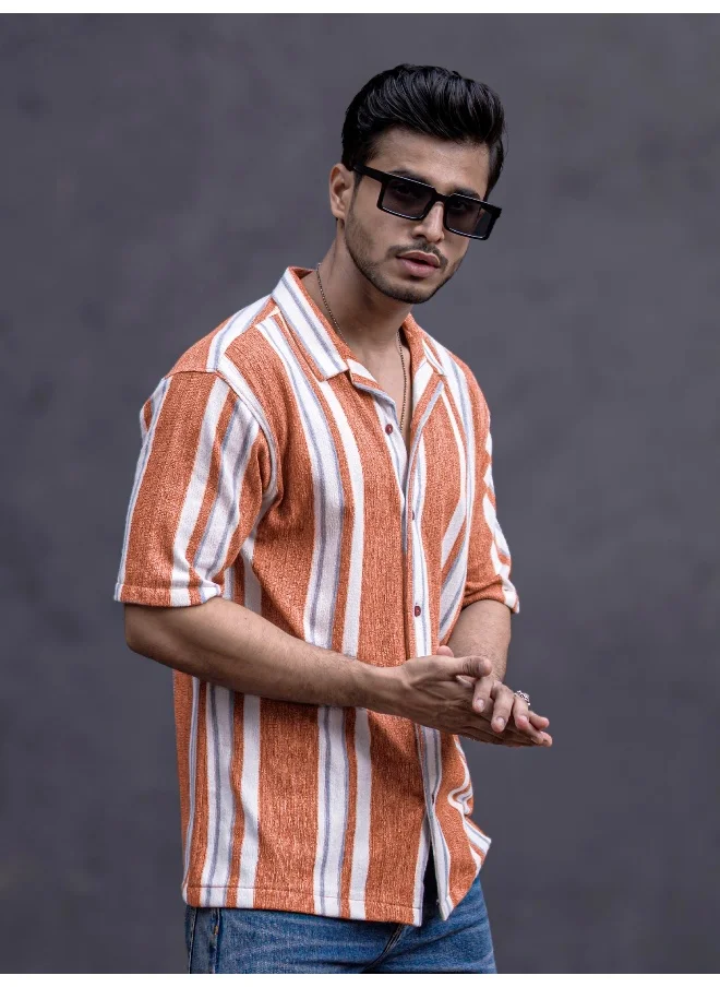 Maniac Mens Striped Collar Neck 3/4th Sleeve Rust Jacquard Oversized Shirt