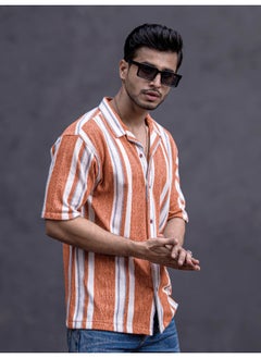 Maniac Mens Striped Collar Neck 3/4th Sleeve Rust Jacquard Oversized Shirt  - Image 4