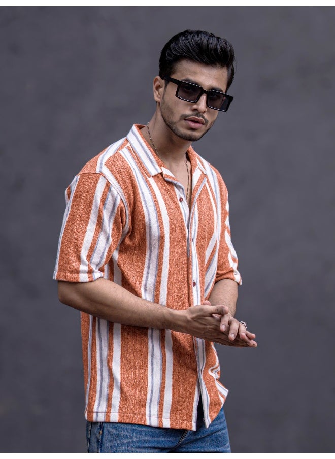 Maniac Mens Striped Collar Neck 3/4th Sleeve Rust Jacquard Oversized Shirt  - Image 4