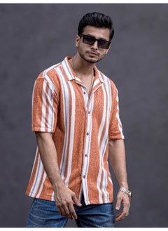 Maniac Mens Striped Collar Neck 3/4th Sleeve Rust Jacquard Oversized Shirt  - Image 3