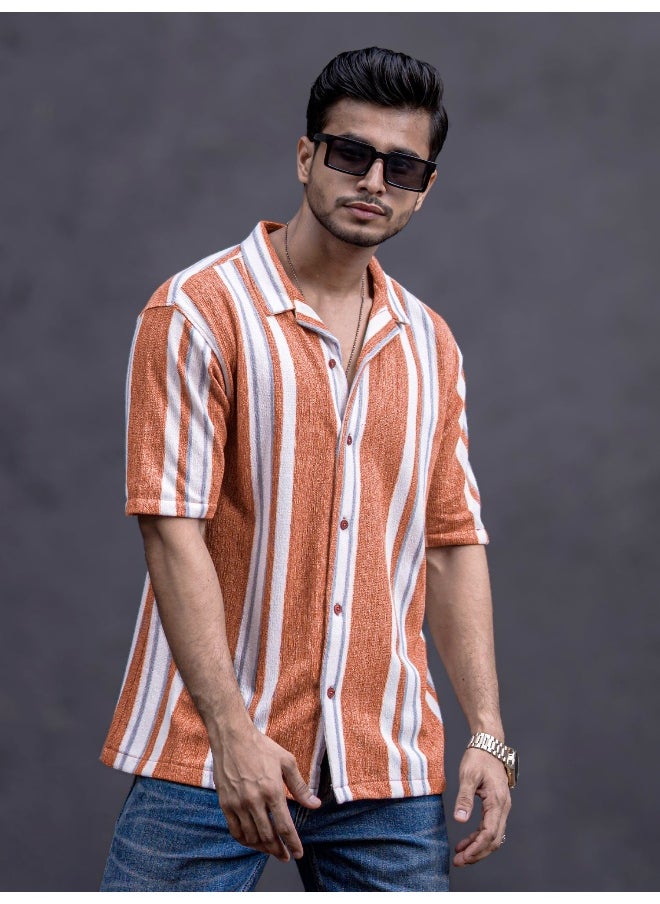 Maniac Mens Striped Collar Neck 3/4th Sleeve Rust Jacquard Oversized Shirt  - Image 3
