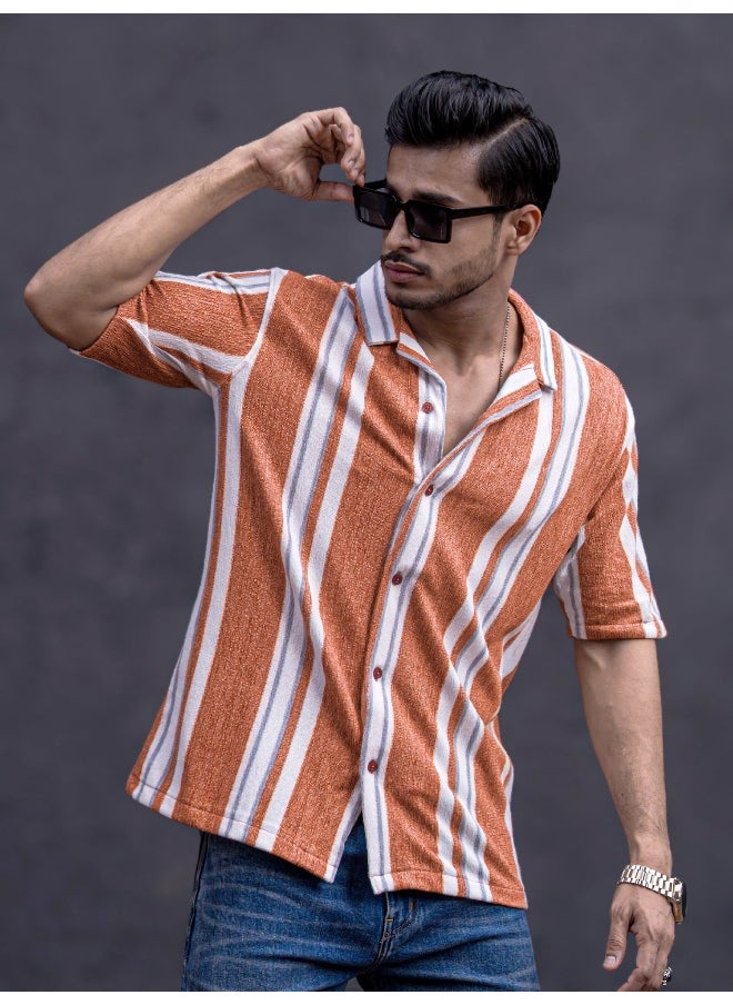 Mens Striped Collar Neck 3/4th Sleeve Rust Jacquard Oversized Shirt - pzsku/Z1E13F73776BC97A224F6Z/45/_/1729582825/1da58a61-5673-4741-a718-7689e077fc2a