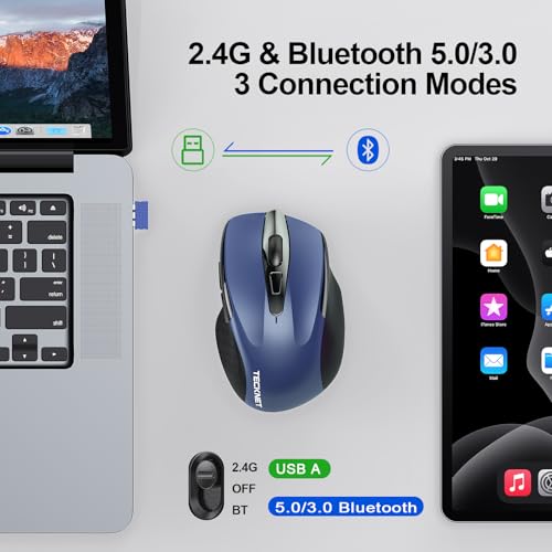 TECKNET Wireless Mouse (2.4G & BT5.0/3.0) Silent 4800 DPI Computer USB A & Bluetooth Mouse 6 Buttons, Wide Compatibility - Blue - Image 2