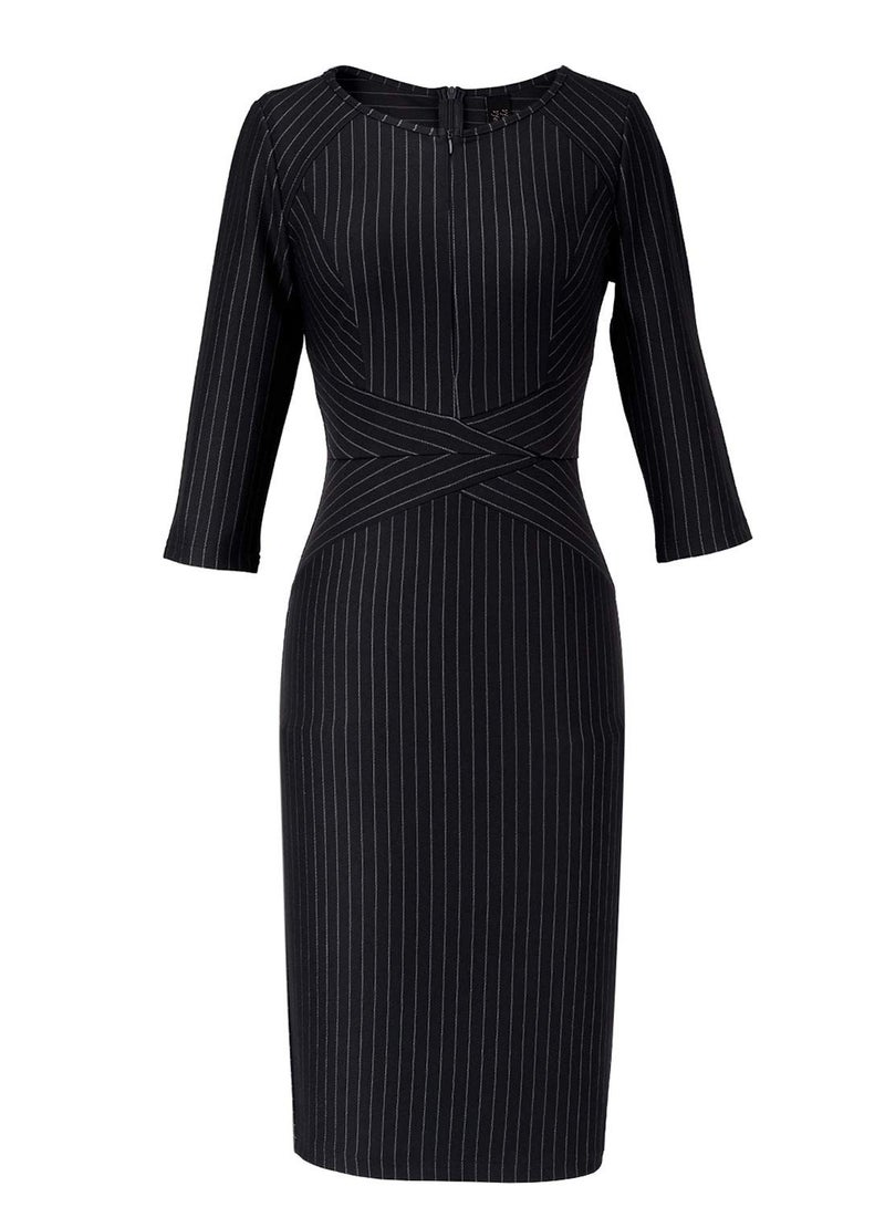 VFSHOW Womens Black and White Striped Spring Fall Slim Zipper Up Work Business Office Party Bodycon Pencil Sheath Dress 7121 BLK S - Image 4