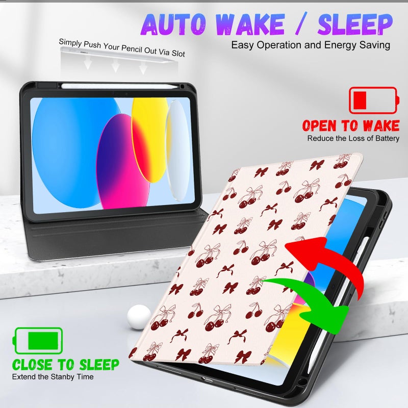 Wazzasoft for iPad A16 Case (11th) 2025,for iPad 10th Generation 10.9 inch (2022) - Smart Folio Cover (Auto Wake/Sleep) with Build-in Pencil Holder for Apple Tablet Cover for Women Girls,Bow Cherry - Image 5