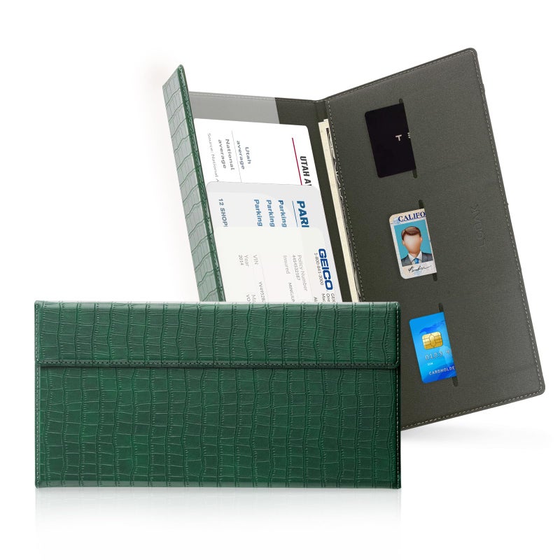 CoBak Leather Car Registration and Insurance Holder with Magnetic Compartment - Vehicle Glove Box Organizer for Driver License, Cards, Emergency Cash - Auto Truck Accessories Case, Dark Green - Image 1