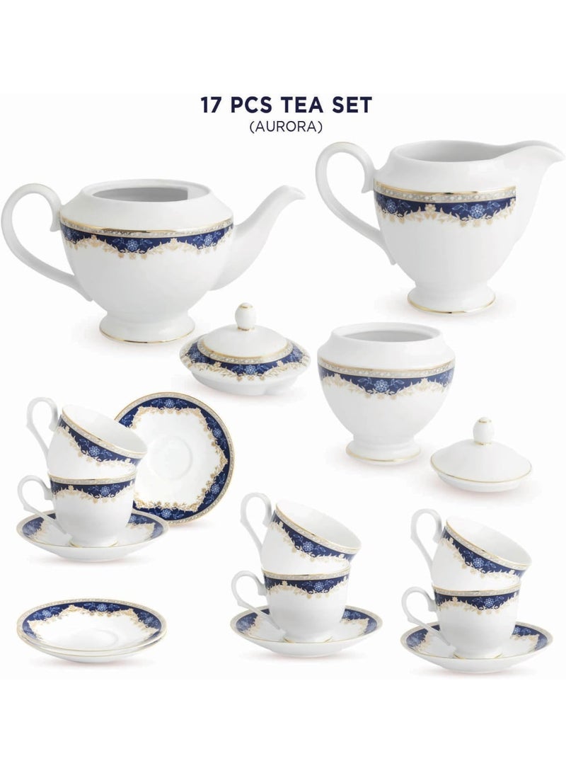 Peggy Oliver Aurora Collection 17 Pcs Tea Set | Elegant Floral Pattern In Royal Blue With Real Gold Plated Premium Porcelain | Dishwasher Safe | Elegant Set for Serving & Gifting - Image 1