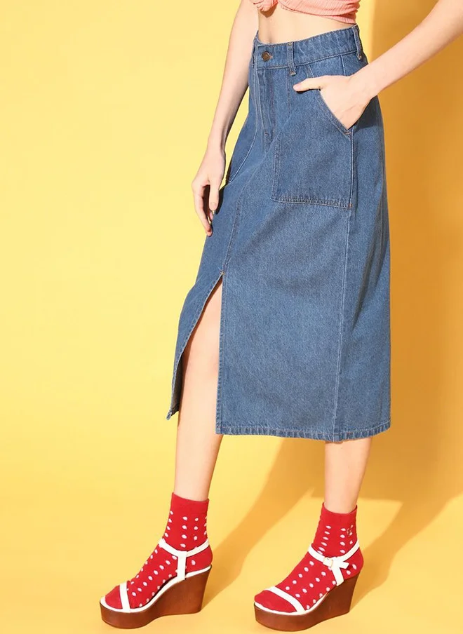 ساسافراس تنورة ميدي مستقيمة بفتحة أمامية من الدنيم للنساء