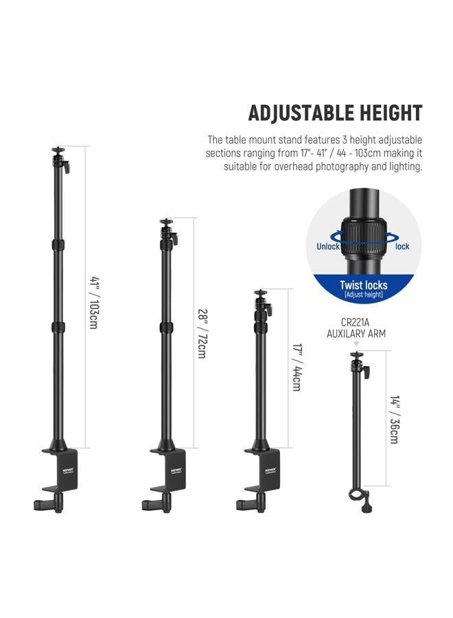 Neewer Camera Desk Mount with Overhead Camera Mounting Arm and 1/4" Ball Head, 17" - 41" Adjustable Tabletop Light Stand with C Clamp for DSLR Camera, Ring Light, Webcam, Photo Video Shooting - Image 2