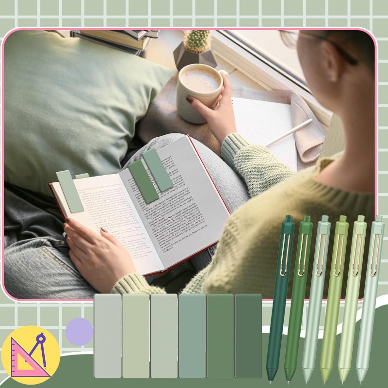 Weekgrat 18 Pcs Back to School Sage Green Supplies Back to School Stationery Set with 6 Sticky Notes and Retractable Black Ink Pens 6 Magnetic Bookmarks Green Desk Accessories for Office Supplies - Image 5