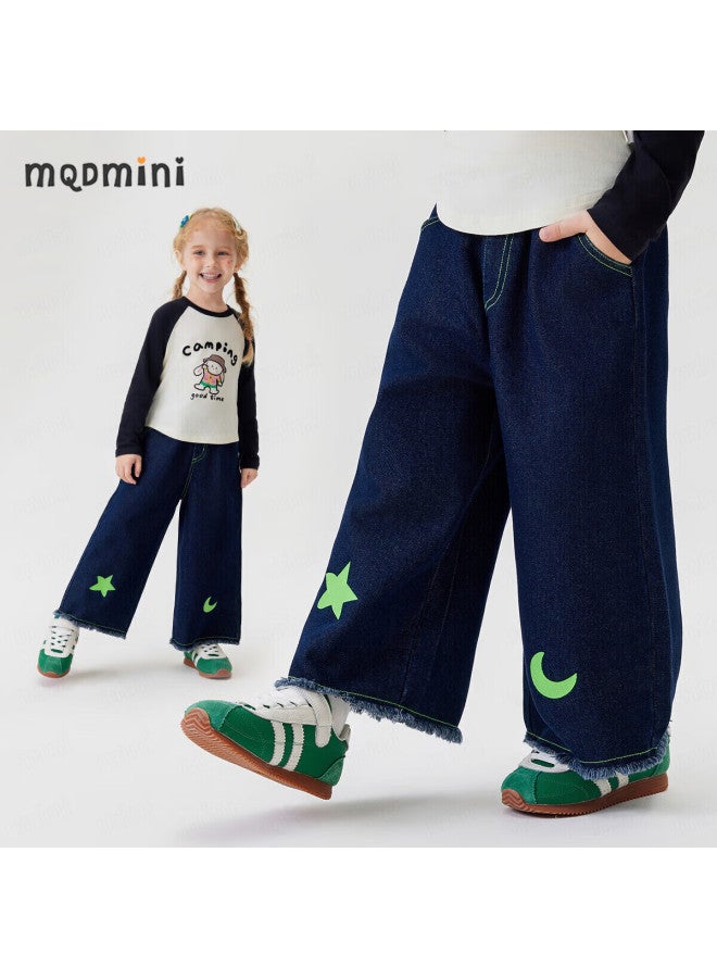 Mqdmini Girls' Jeans, Straight-Leg Wide-Leg Pants For Children, Casual Stylish Kids' Trousers, Side-Buttoned Denim