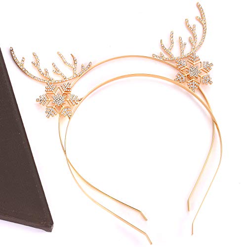 ELEARD Christmas Headbands for Girls Womens Sparky Crystal Reindeer Horn Snow Headbands Santa Holiday Hair Band Headpiece Set of 2 Pieces (Gold) - Image 3