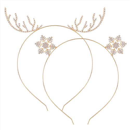ELEARD Christmas Headbands for Girls Womens Sparky Crystal Reindeer Horn Snow Headbands Santa Holiday Hair Band Headpiece Set of 2 Pieces (Gold) - Image 2