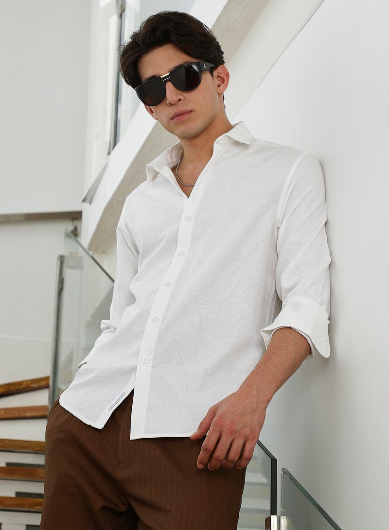 Campus Sutra Men's White Textured Cotton Blend Slim Fit Shirt  - Image 1