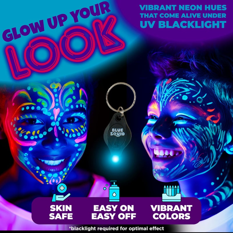 Blue Squid UV Neon Face and Body Paint Glow in the Dark Face Paint Kit 20 Colors Black Light with Stencils, Book - Safe for Sensitive Skin, Non-Toxic UV Painting Professional Accessories Kids Adults - Image 3