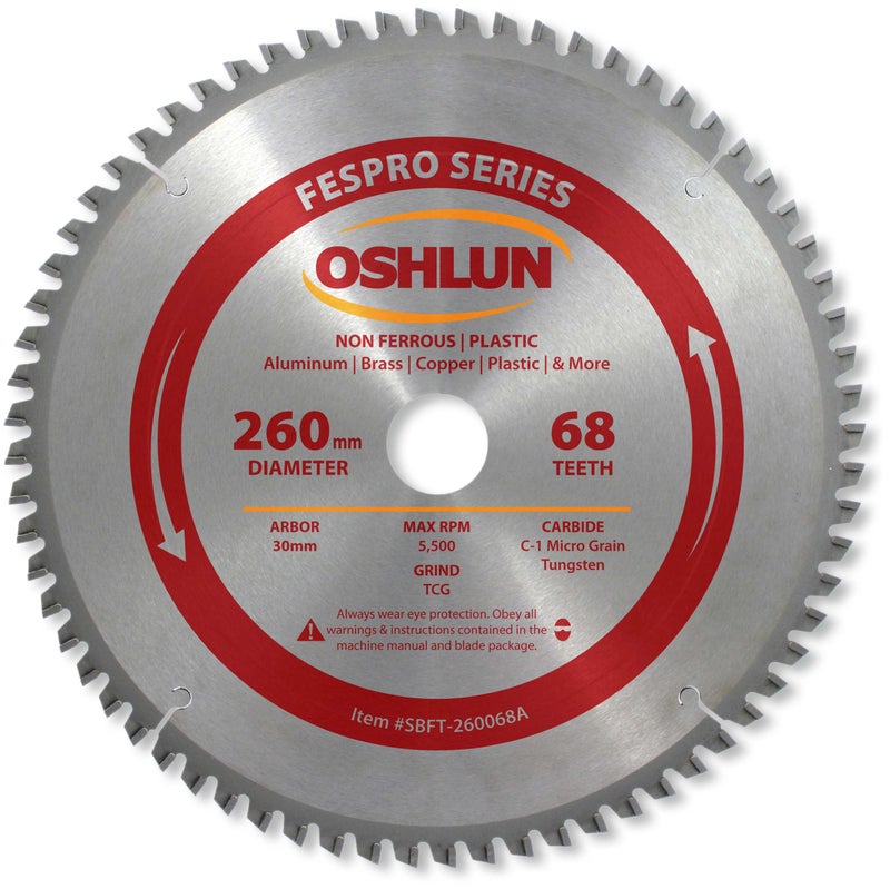Oshlun SBFT260068A 260mm 68 Tooth FesPro Non Ferrous TCG Saw Blade with 30mm Arbor for Festool Kapex KS 120