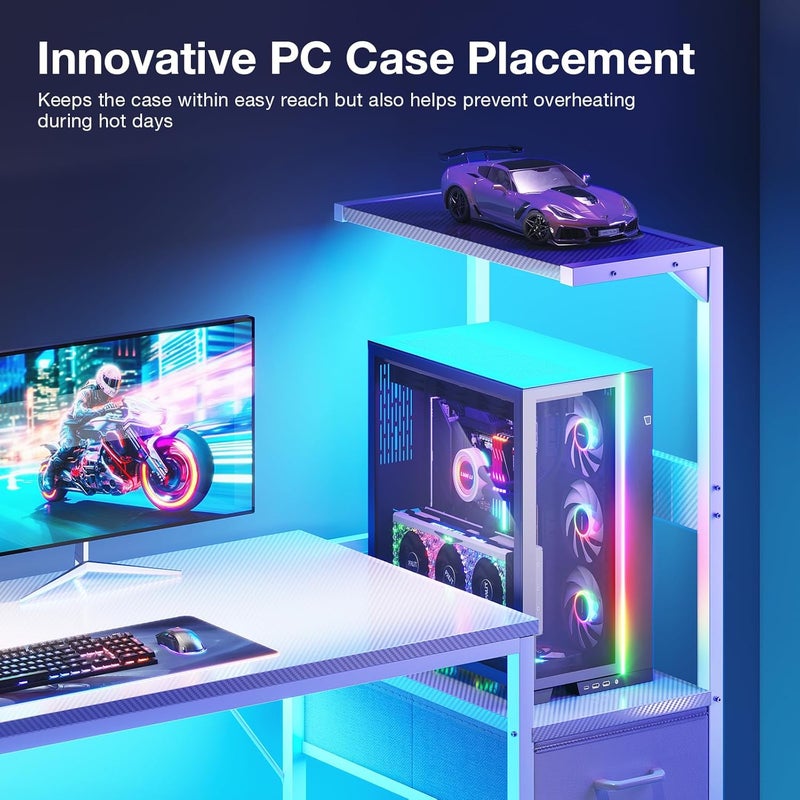 Coleshome 120×48 cm Gaming Desk with LED Lights, Reversible Computer Desk with Drawers & Display Shelves, Gaming Table with Headphone Hook, Carbon Fiber White - Image 5