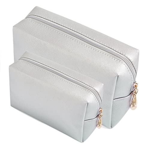 Sohynca 2pcs set PU Leather Cosmetic Bag for Women Minimalism Makeup Bag for Daily Use Portable Storage Purse Small Neat Cosmetic Pouch Water-resistant Toiletry Bag for Travel (Silver) - Image 1