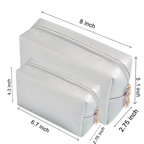Sohynca 2pcs set PU Leather Cosmetic Bag for Women Minimalism Makeup Bag for Daily Use Portable Storage Purse Small Neat Cosmetic Pouch Water-resistant Toiletry Bag for Travel (Silver) - Image 2