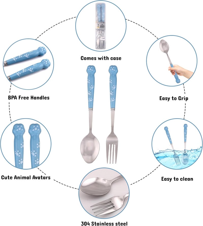BrainGiggles Kids Cutlery Set with Case | Stainless Steel 18/10 Flatware BPA Free Handles | Toddler Spoon & Fork Set for LunchBox | Children Tableware with Portable Case for School, Travel (Blue) - Image 3