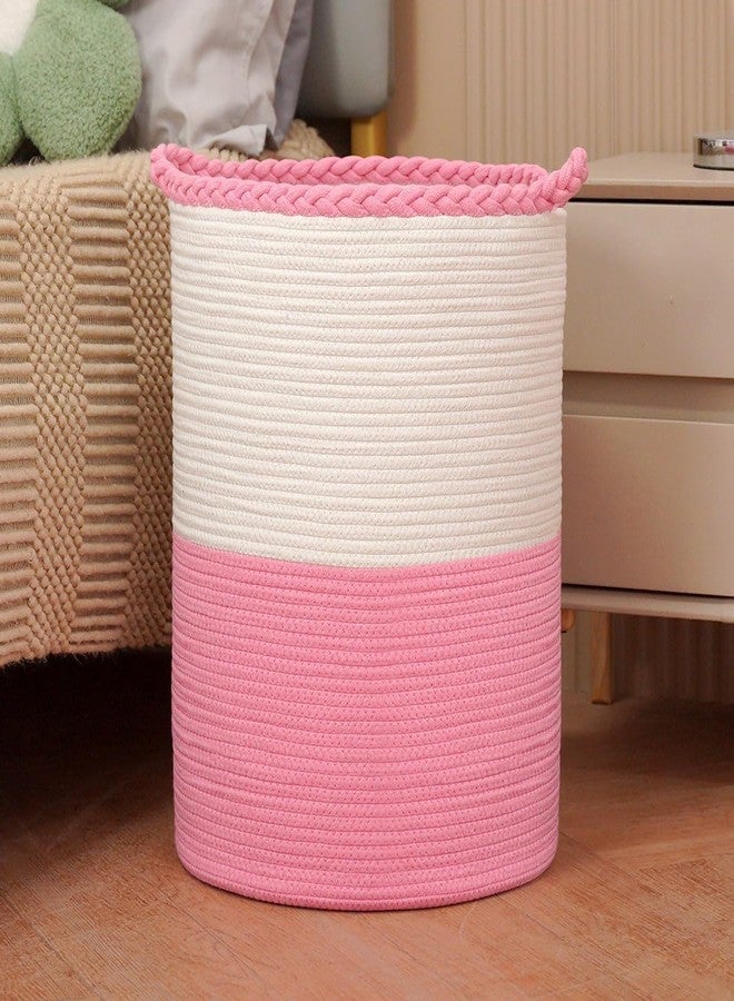 Brishtl 75L Woven Laundry Basket,Cotton Tall Laundry Hamper For Blankets,Clothes,Pillows,Toys,Shoes Large Laundry Bin (15 X 20 Inch, Pink White) - Image 1