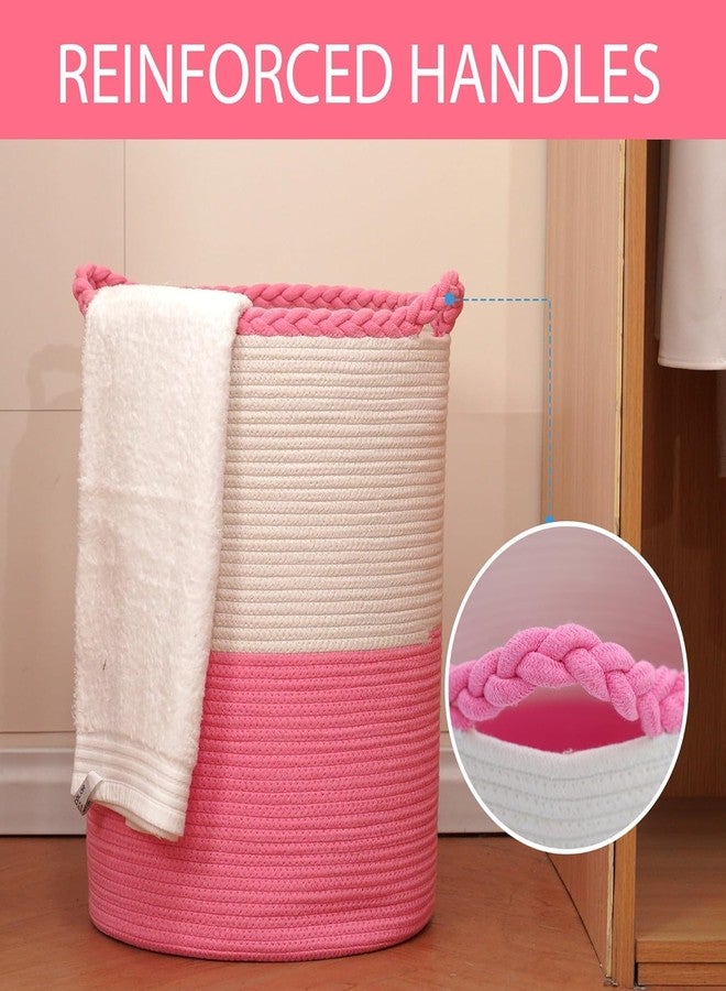 Brishtl 75L Woven Laundry Basket,Cotton Tall Laundry Hamper For Blankets,Clothes,Pillows,Toys,Shoes Large Laundry Bin (15 X 20 Inch, Pink White) - Image 2