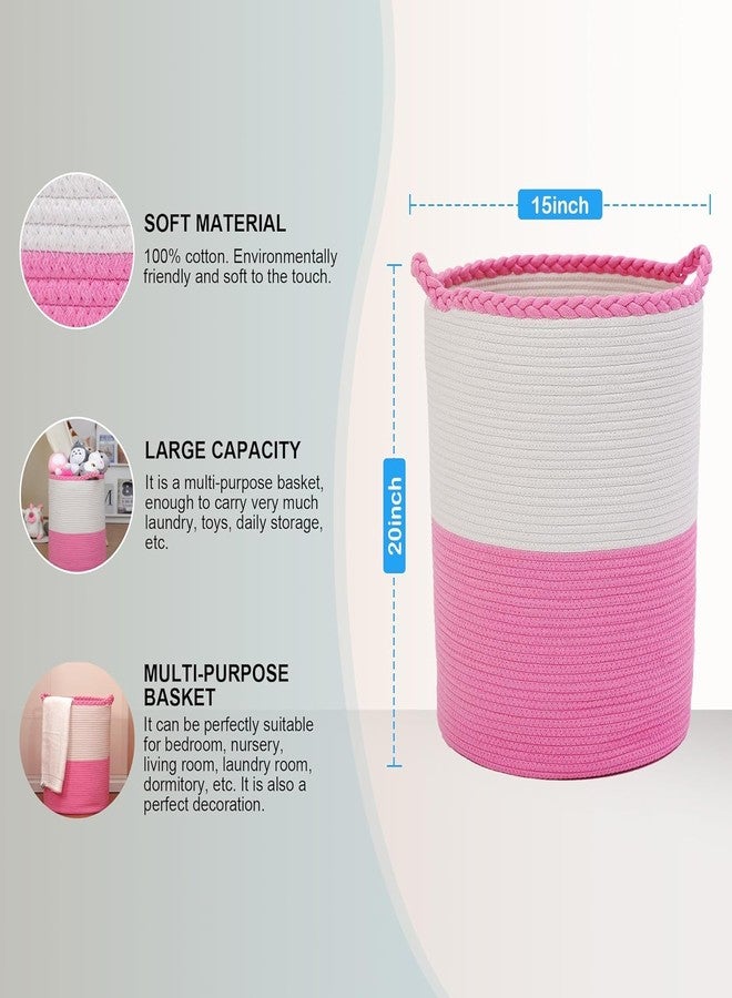 Brishtl 75L Woven Laundry Basket,Cotton Tall Laundry Hamper For Blankets,Clothes,Pillows,Toys,Shoes Large Laundry Bin (15 X 20 Inch, Pink White) - Image 3
