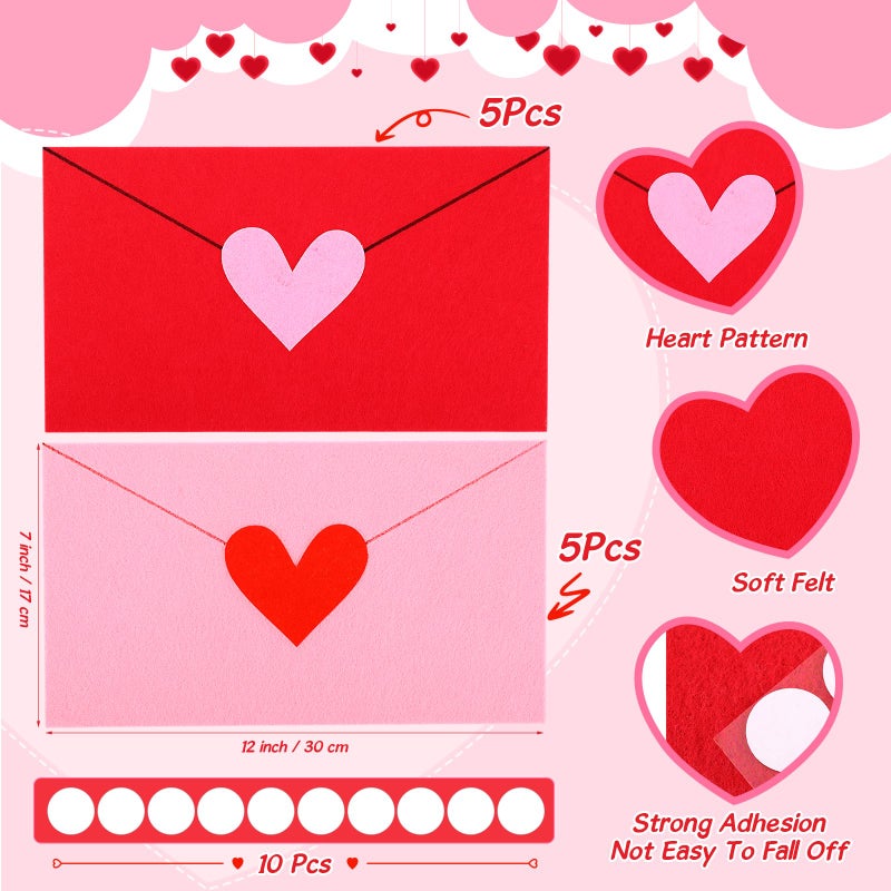 Tinlade 10 Pcs Large Valentine's Day Envelopes Decor 12 Inch Red Pink Love Heart Blank Felt Envelopes Wall Window Decor Letter Backdrop for Galentine's Day Classroom Office Valentines DIY Decorations - Image 2