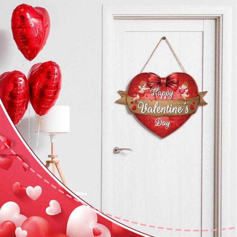 Queekay Happy Valentines Day Door Sign Wooden Heart Front Door Hanger Red Valentine's Day Gift Hanging Wreath Decoration for Farmhouse Home Porch Window Wall Decor - Image 3