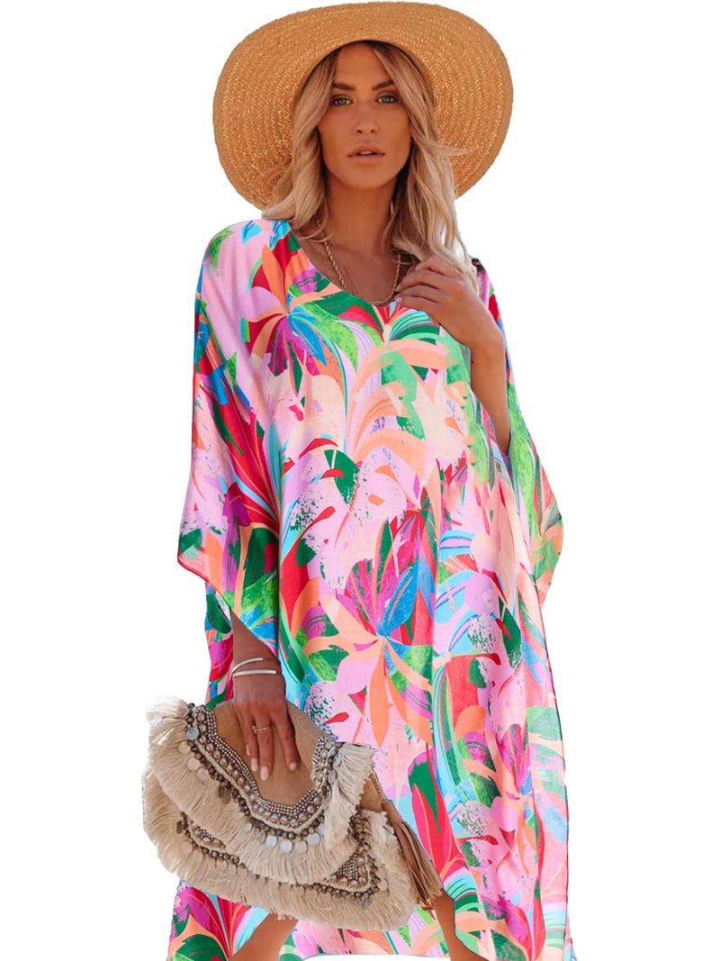 Moss Rose Women's Beach Kaftan Dresses Kimono Swimsuit Cover up for Bathing Suit with Floral Pattern B Pink - Image 1