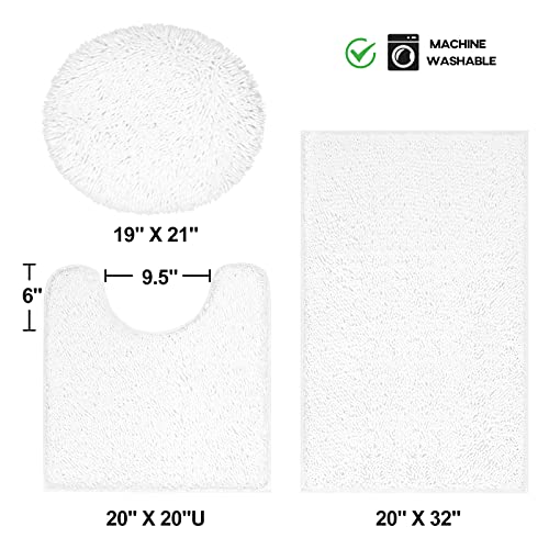 TREETONE Chenille Bath Mat 3 Piece Bathroom Rugs Set, 20x20 Inchs U-Shape Contoured Toilet Mat & 20x32 Inchs Rug & Lid Cover, Soft, Water Absorbent Plush Rugs for Tub Shower & Bath Room -White - Image 2