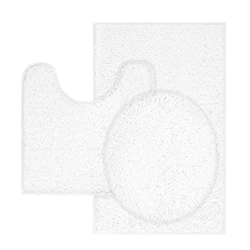 TREETONE Chenille Bath Mat 3 Piece Bathroom Rugs Set, 20x20 Inchs U-Shape Contoured Toilet Mat & 20x32 Inchs Rug & Lid Cover, Soft, Water Absorbent Plush Rugs for Tub Shower & Bath Room -White - Image 1