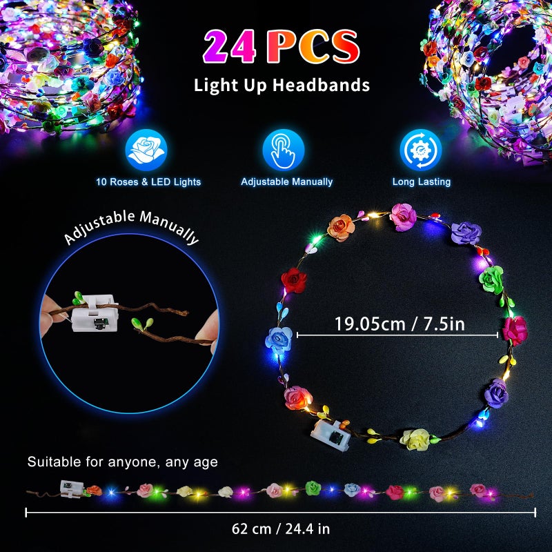 HONLYNE 24 PCS LED Flower Crowns Headbands, Light Up Flower Crowns for Women & Girls, Glow in The Dark Flower Hairbands Wreath for Wedding Beach Party Birthday Cosplay Gifts, Halloween, Christmas - Image 3