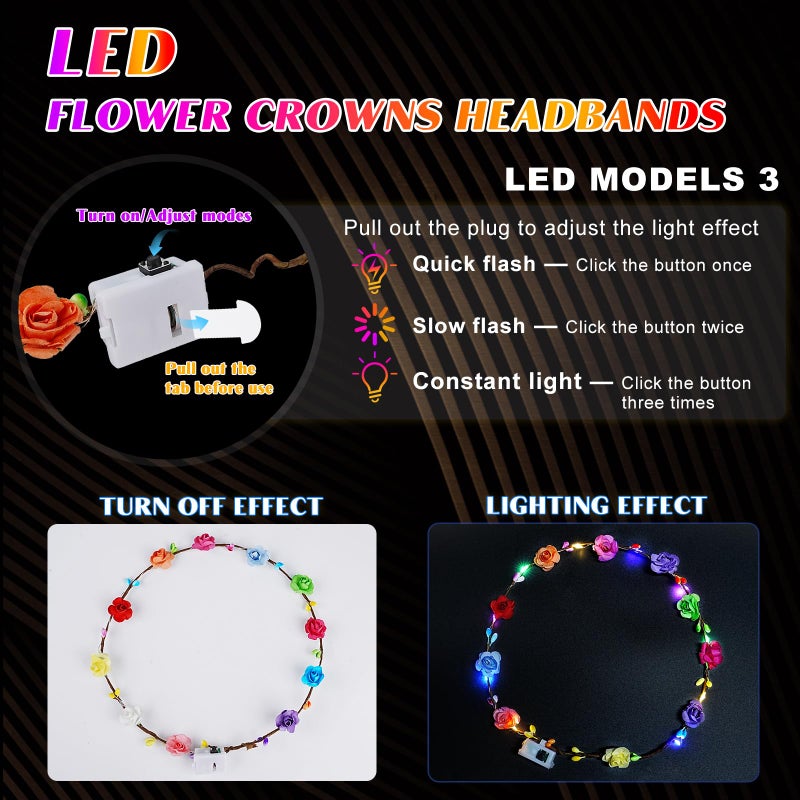 HONLYNE 24 PCS LED Flower Crowns Headbands, Light Up Flower Crowns for Women & Girls, Glow in The Dark Flower Hairbands Wreath for Wedding Beach Party Birthday Cosplay Gifts, Halloween, Christmas - Image 4