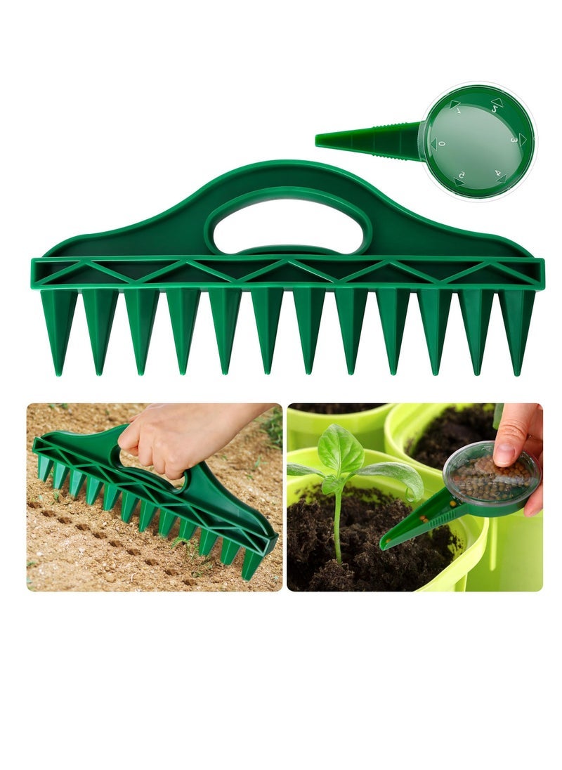 2 Pack Sowing Seeds Dispenser Set, 12 Holes Seed-in Soil Digger Planter, Garden Seed Spacer, Adjustable Hand Hold Sowing Seeds Dispenser, Seedlings Dibber, Green