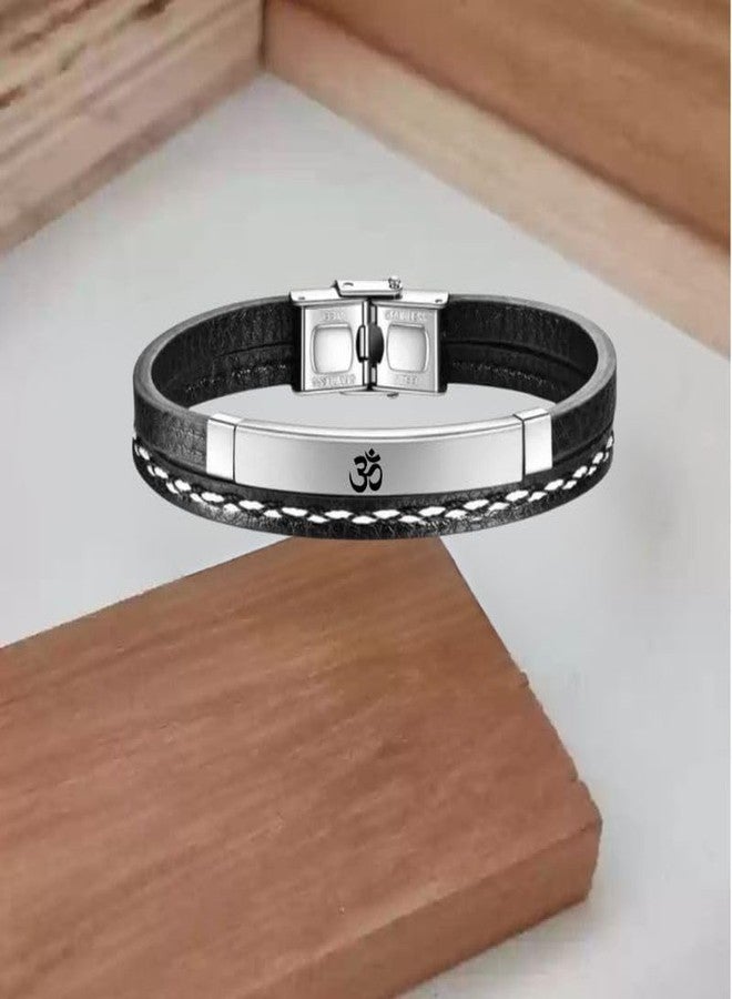 M Men Style Om Leather Layered Bracelets for Mens Women Buckle Clasp Genuine Bracelet Wristband Vintage Cuff Jewelry Friendship Couple Silver SBr2025149 - Image 3