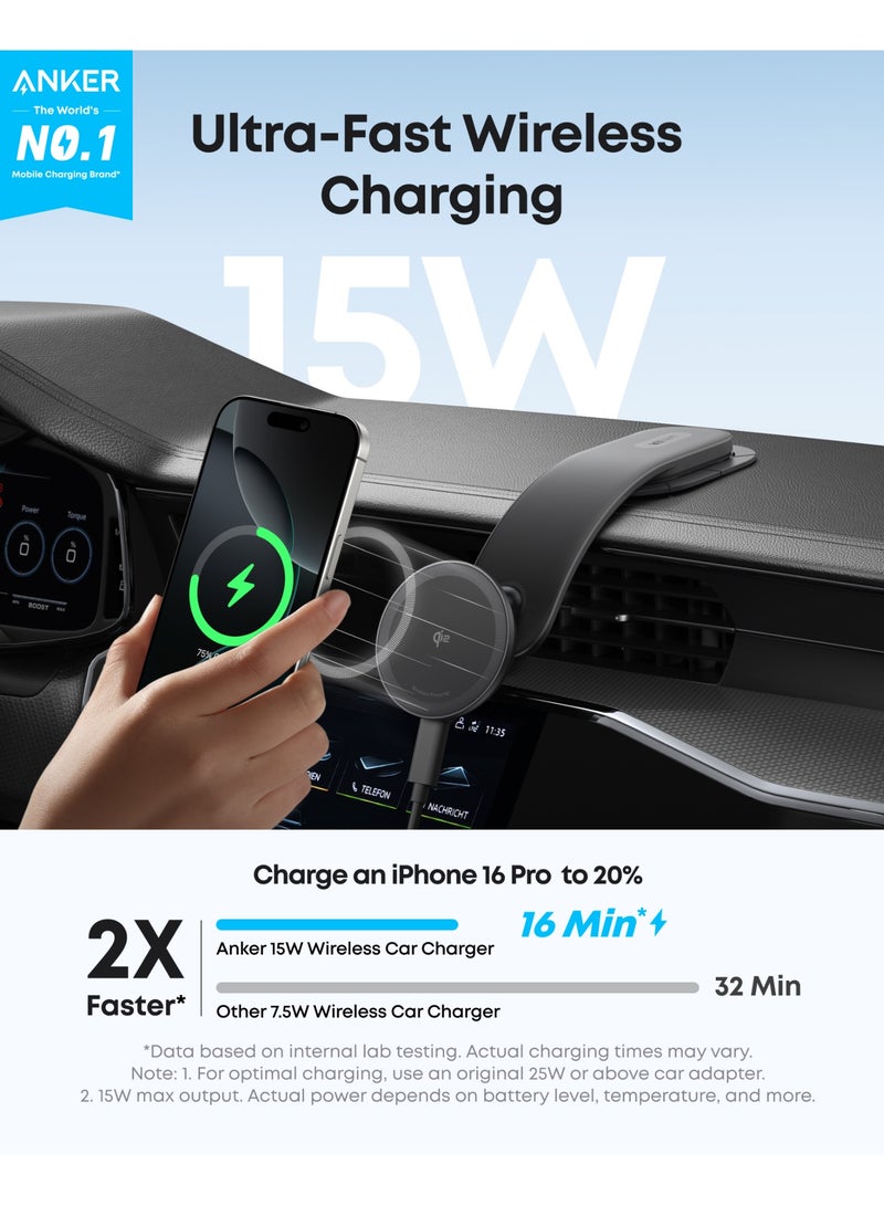 Anker MagGo Wireless Car Charger (Pad), 15W Qi2 Certified Fast Charging Car Adapter with Alloy B Strong Hold, 360° Adjustable View, For iPhone 17/16 /15/14 Series and More - Image 1