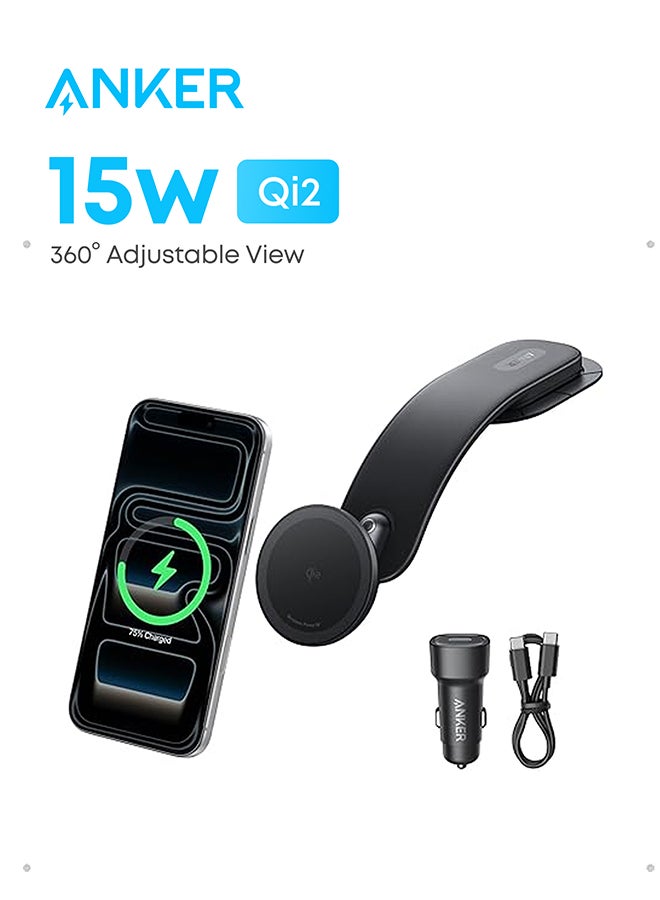 Anker MagGo Wireless Car Charger (Pad), 15W Qi2 Certified Fast Charging Car Adapter with Alloy B Strong Hold, 360° Adjustable View, For iPhone 17/16 /15/14 Series and More - Image 1