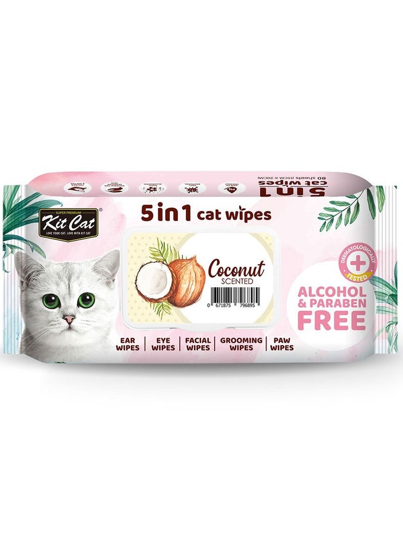 Kit Cat 5 in 1 Cat Wipes Coconut Scented 80 Sheets - Image 1