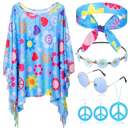 Hicarer 6 Pcs Hippie Costume Accessories Set Includes Headband Poncho Necklace Earrings Sunglasses for WomenFresh Flower - Image 1