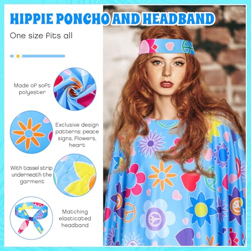 Hicarer 6 Pcs Hippie Costume Accessories Set Includes Headband Poncho Necklace Earrings Sunglasses for WomenFresh Flower - Image 3