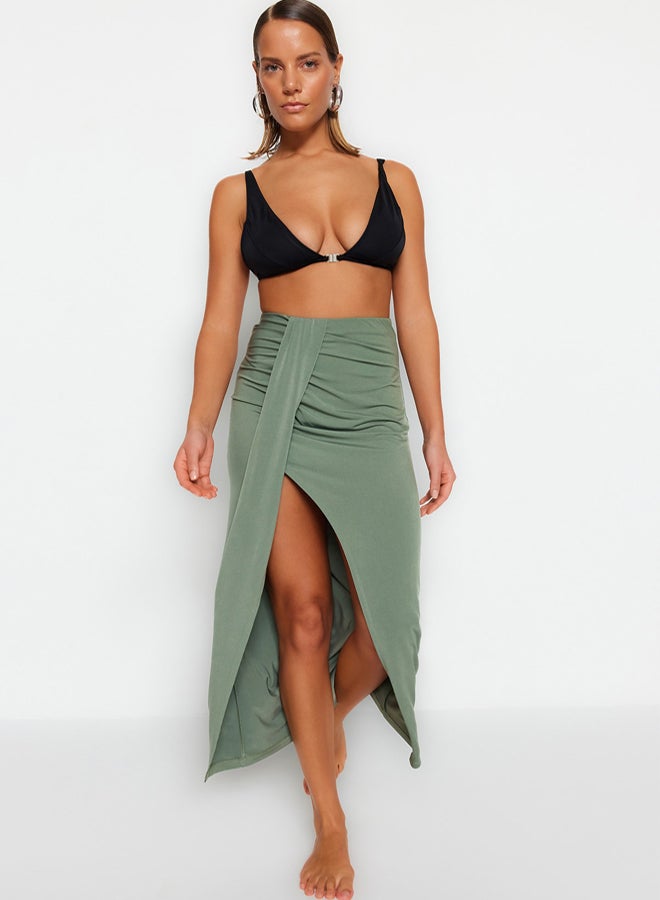 trendyol Khaki Body-fitting Maxi Knitted Slit Beach Skirt  - Image 4