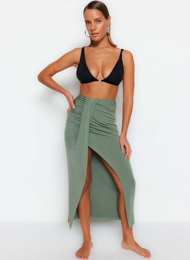 trendyol Khaki Body-fitting Maxi Knitted Slit Beach Skirt  - Image 3