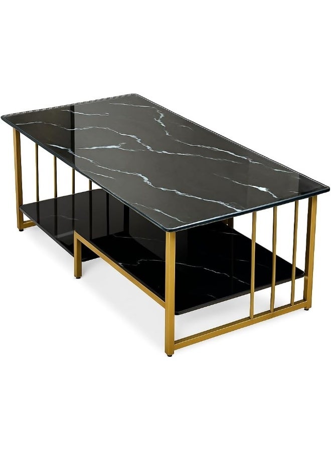 Modern Black Glass Coffee Table with Gold Frame - Image 3